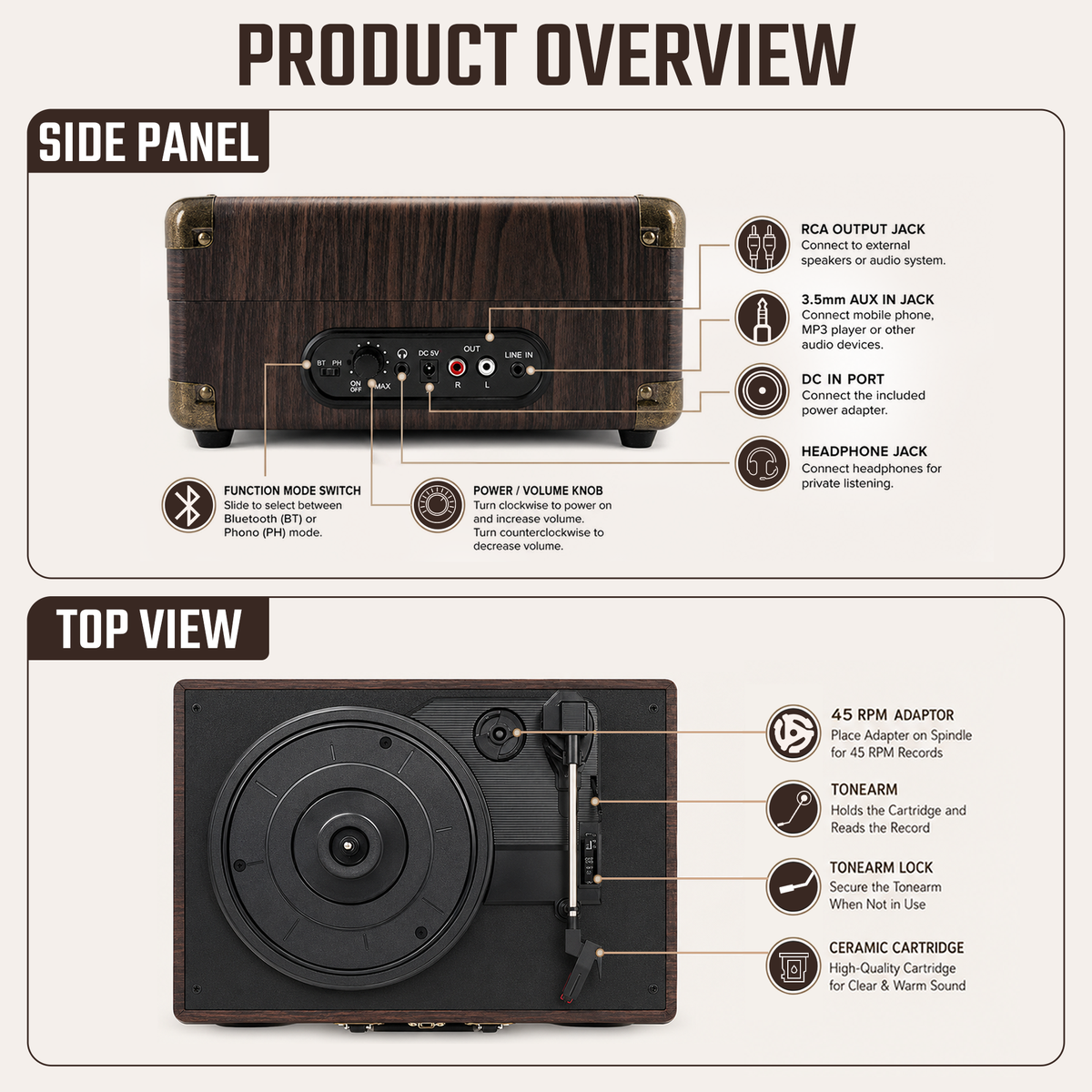CLAW Stag Portable Pro - Bluetooth Turntable with Built-In Stereo Speaker (Brown Wood)