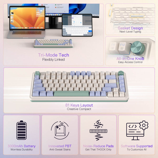 Redragon Ucal Pro K673 Pro - 65% Wired+2.4Ghz+Bluetooth Mechanical Keyboard Vintage Blue (Linear Red Switch)