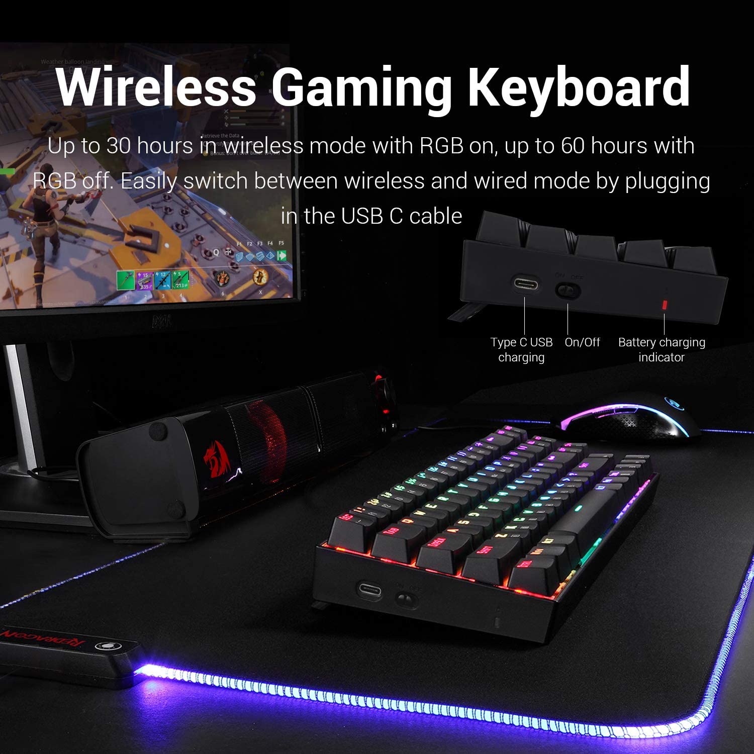 (Refurbished) Redragon Deimos K599 - TKL 2.4Ghz+Wired RGB Mechanical Keyboard (Red Switch)