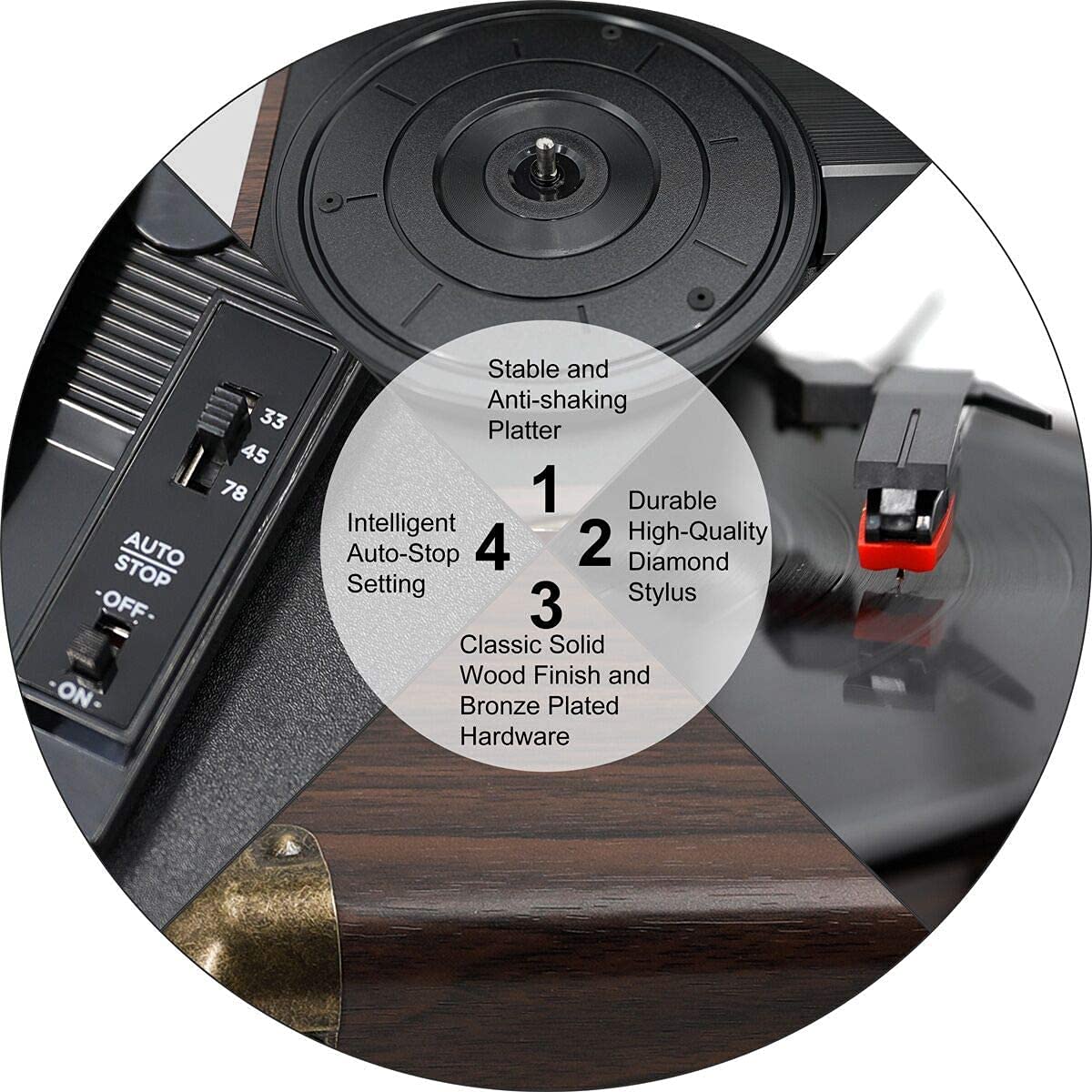 Refurbished CLAW Stag Portable - Turntable with Built-in Stereo Speakers (Brown Wood)
