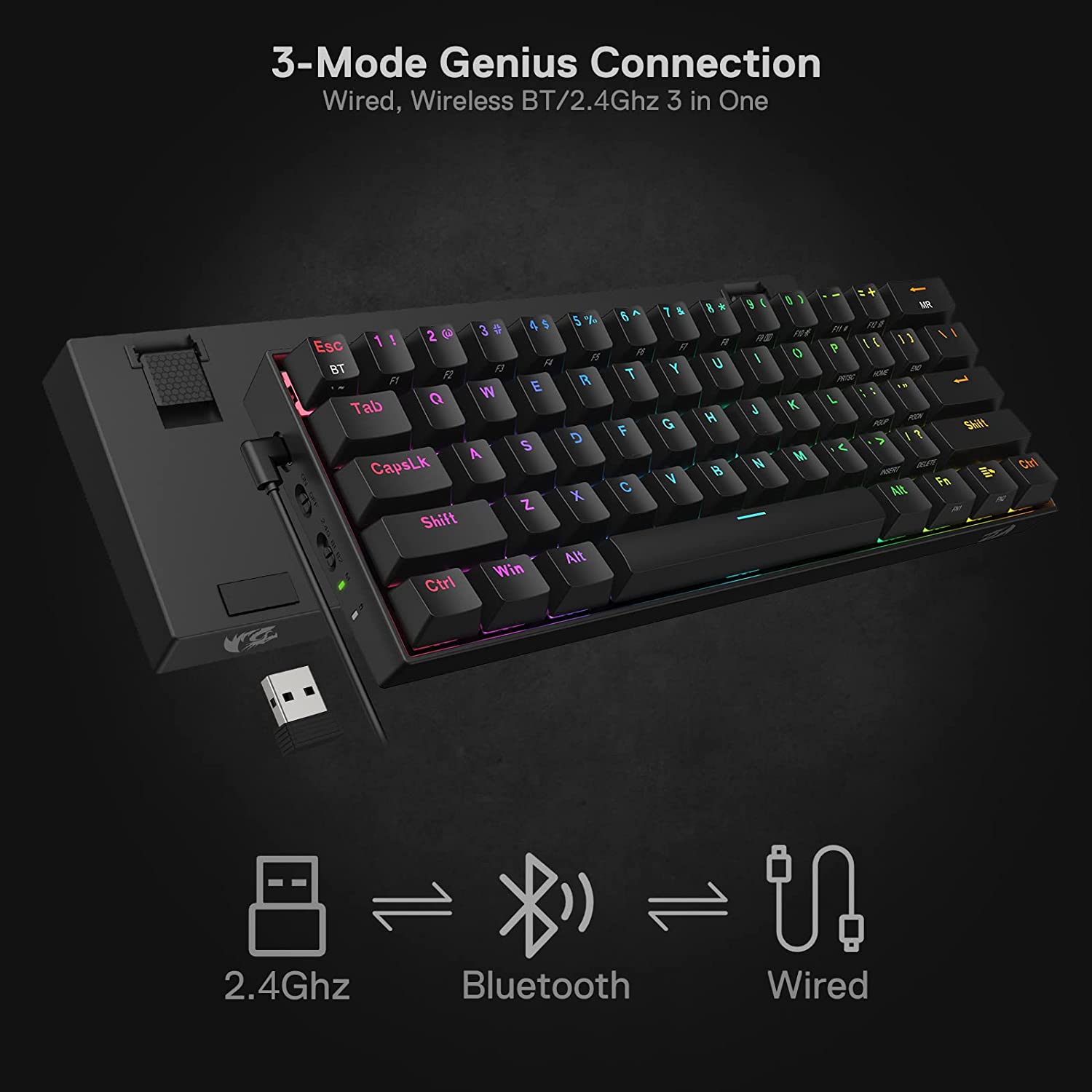 (Refurbished) Redragon Draconic Pro K530 Pro - 60% Bluetooth+2.4Ghz+Wired Mechanical Keyboard (Brown Switch)