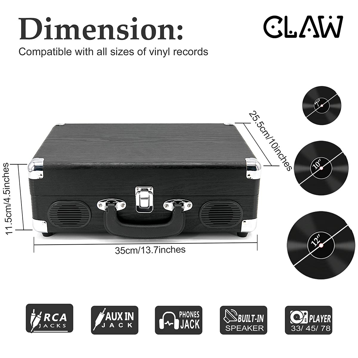 CLAW Stag Portable - Turntable with Built-in Stereo Speakers (Black)  (Use Code ORIGIN10 to Get 10% DIscount)