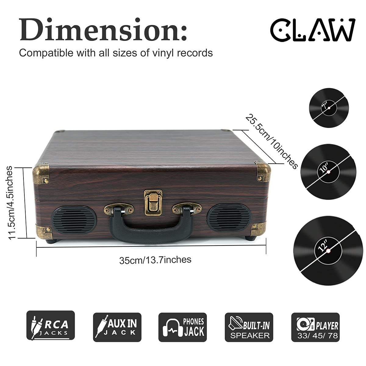 Refurbished CLAW Stag Portable - Turntable with Built-in Stereo Speakers (Brown Wood)