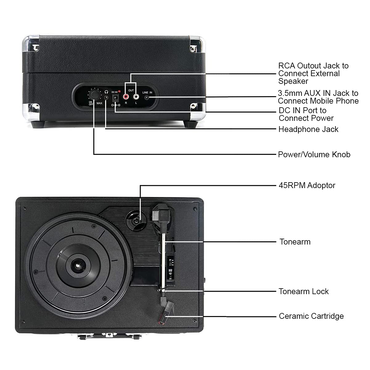 CLAW Stag Portable - Turntable with Built-in Stereo Speakers (Black)  (Use Code ORIGIN10 to Get 10% DIscount)