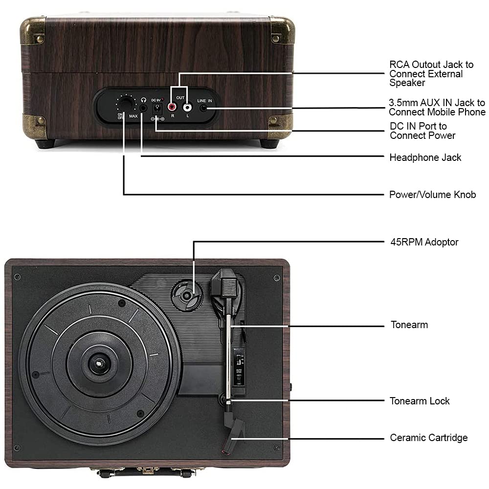 Refurbished CLAW Stag Portable - Turntable with Built-in Stereo Speakers (Brown Wood)