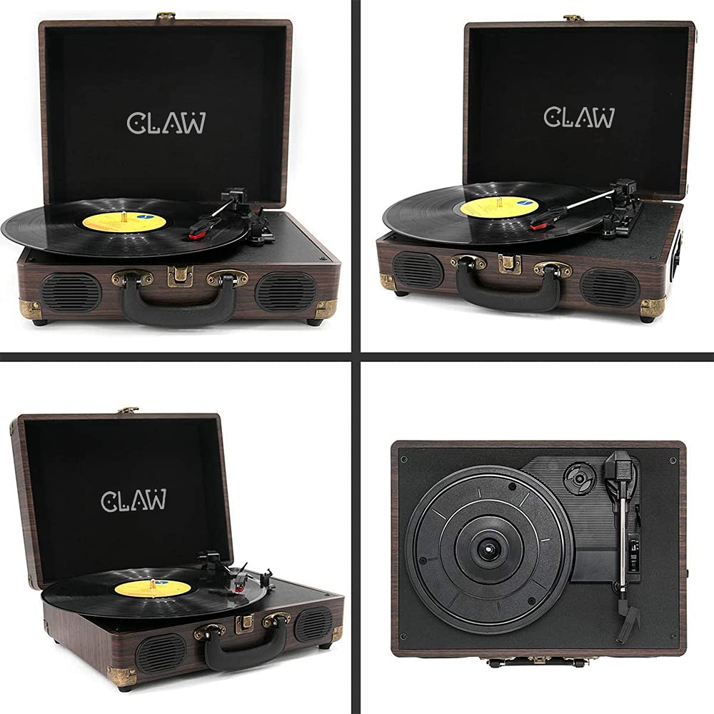 Refurbished CLAW Stag Portable - Turntable with Built-in Stereo Speakers (Brown Wood)