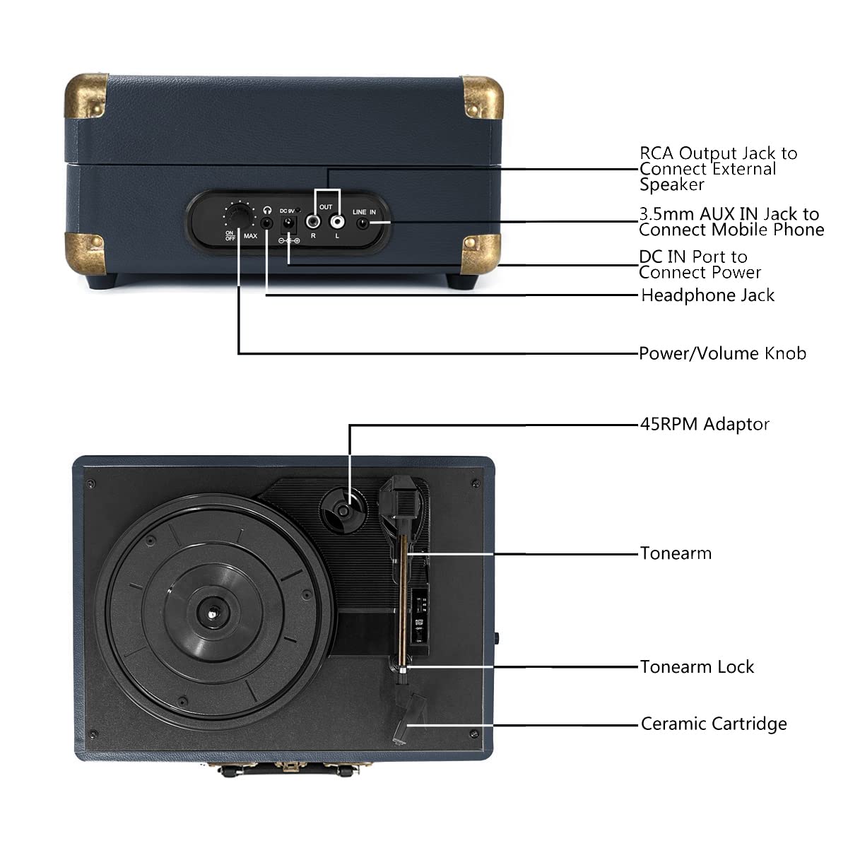 Refurbished CLAW Stag Portable - Turntable with Built-in Stereo Speakers (Dark Blue)