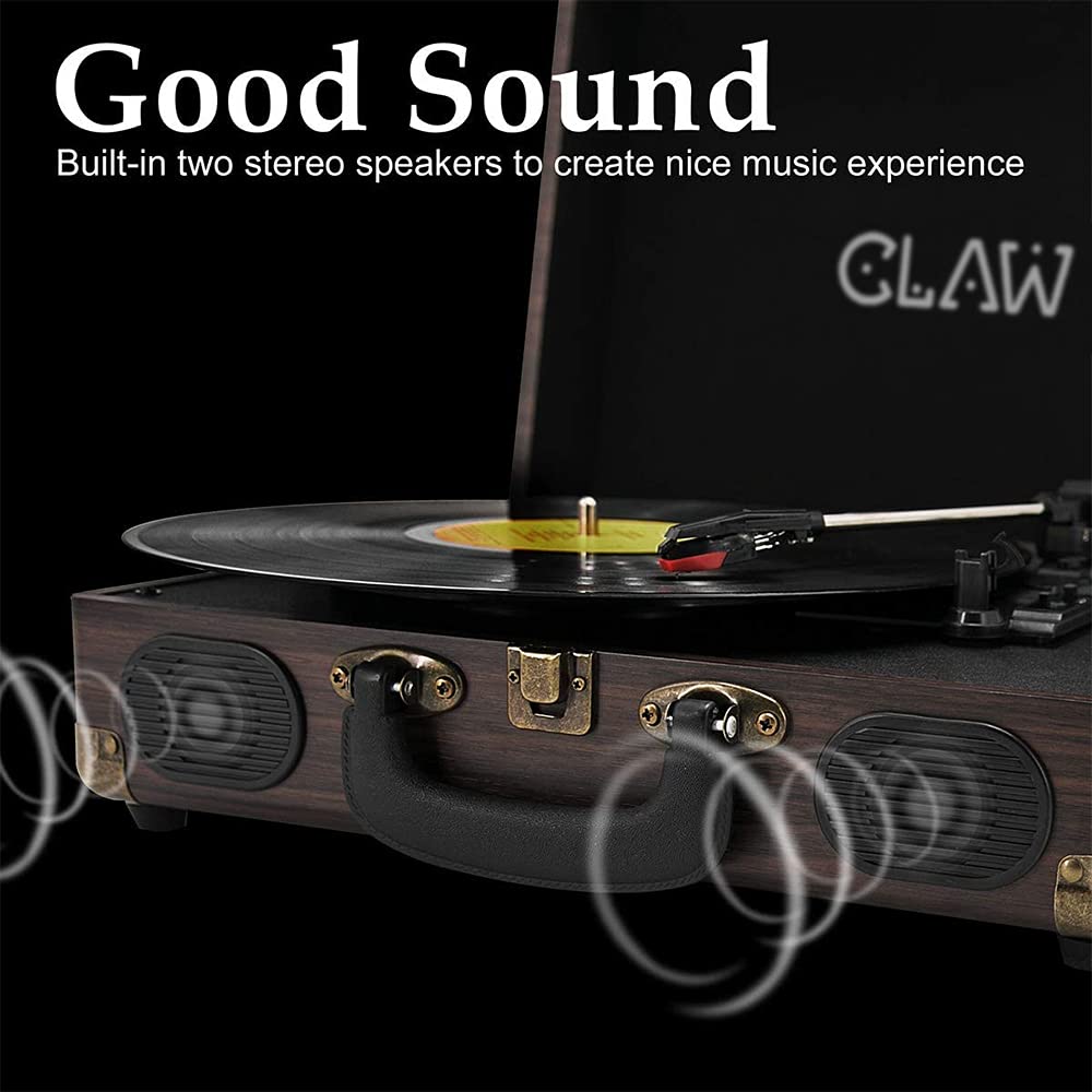 Refurbished CLAW Stag Portable - Turntable with Built-in Stereo Speakers (Brown Wood)