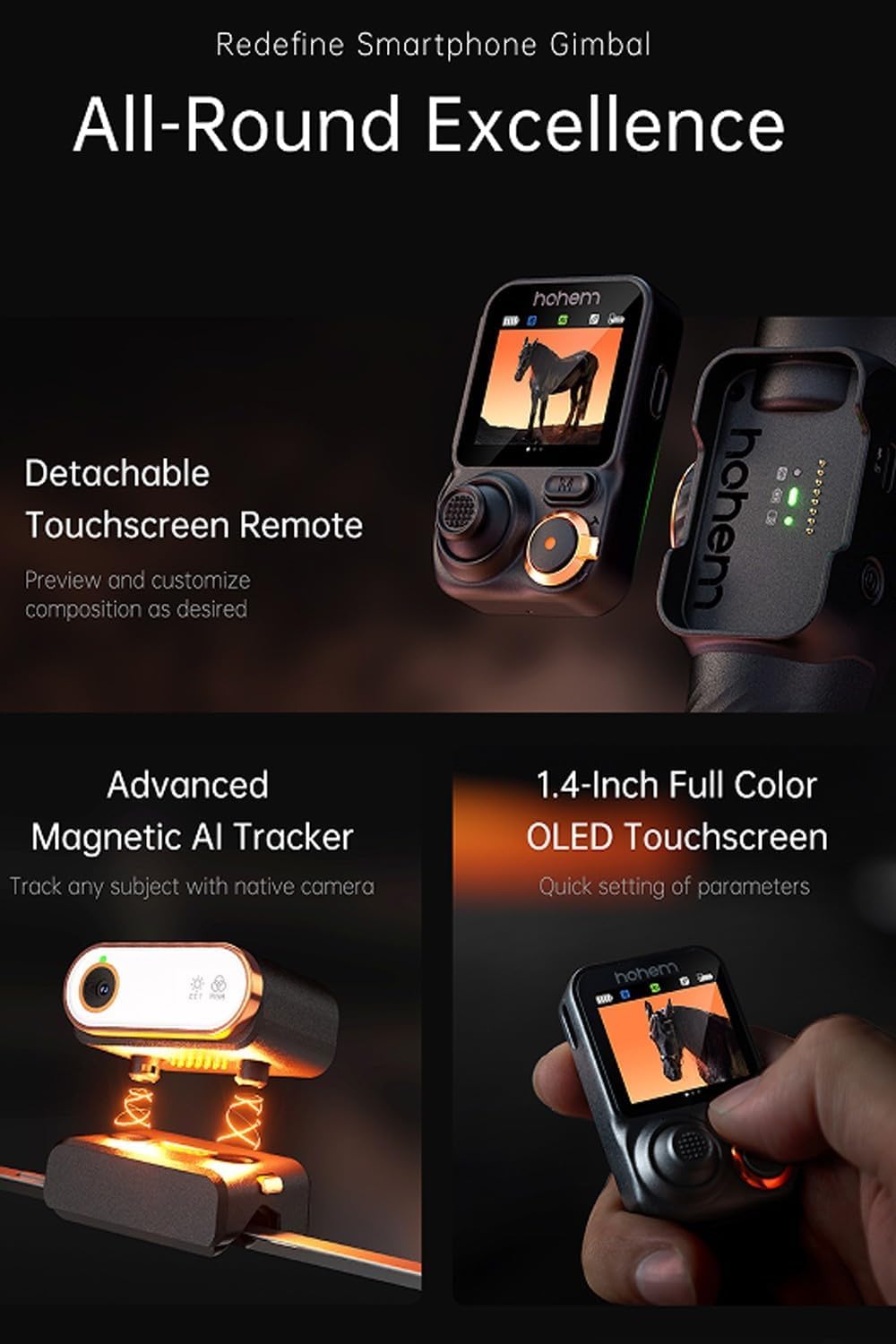 Hohem M7 Handheld Mobile Gimbal with AI Trackers, Fill Light, Extension Pole and Detachable Touch Screen Remote