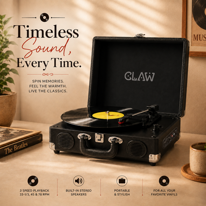 CLAW Stag Portable Pro - Bluetooth Turntable with Built-In Stereo Speaker (Black)
