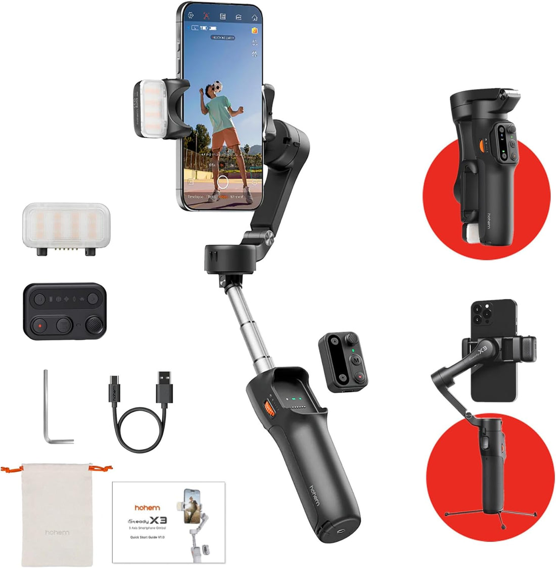 Hohem iSteady X3 - 3-Axis Mobile gimbal with Fill Light, Detachable Remote, AI Tracker and Built In Extension Tripod Stand (Black)