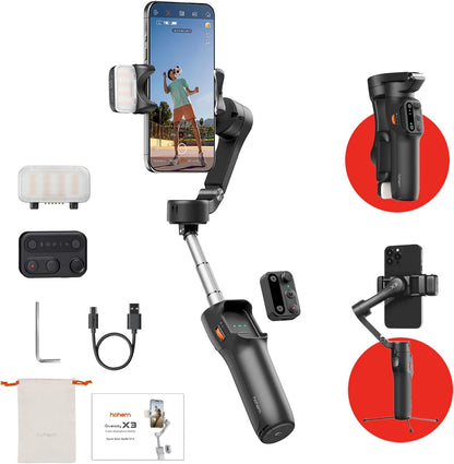 Hohem iSteady X3 - 3-Axis Mobile gimbal with Fill Light, Detachable Remote, AI Tracker and Built In Extension Tripod Stand (Black)