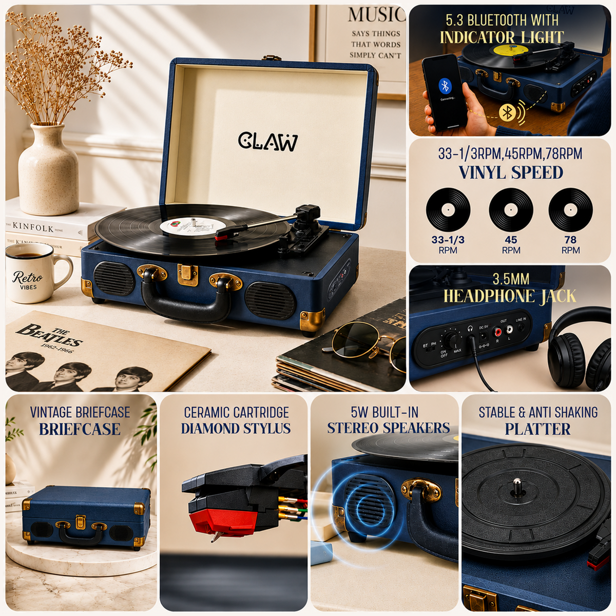 CLAW Stag Portable Pro - Bluetooth Turntable with Built-In Stereo Speaker (Dark Blue)