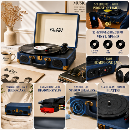 CLAW Stag Portable Pro - Bluetooth Turntable with Built-In Stereo Speaker (Dark Blue)