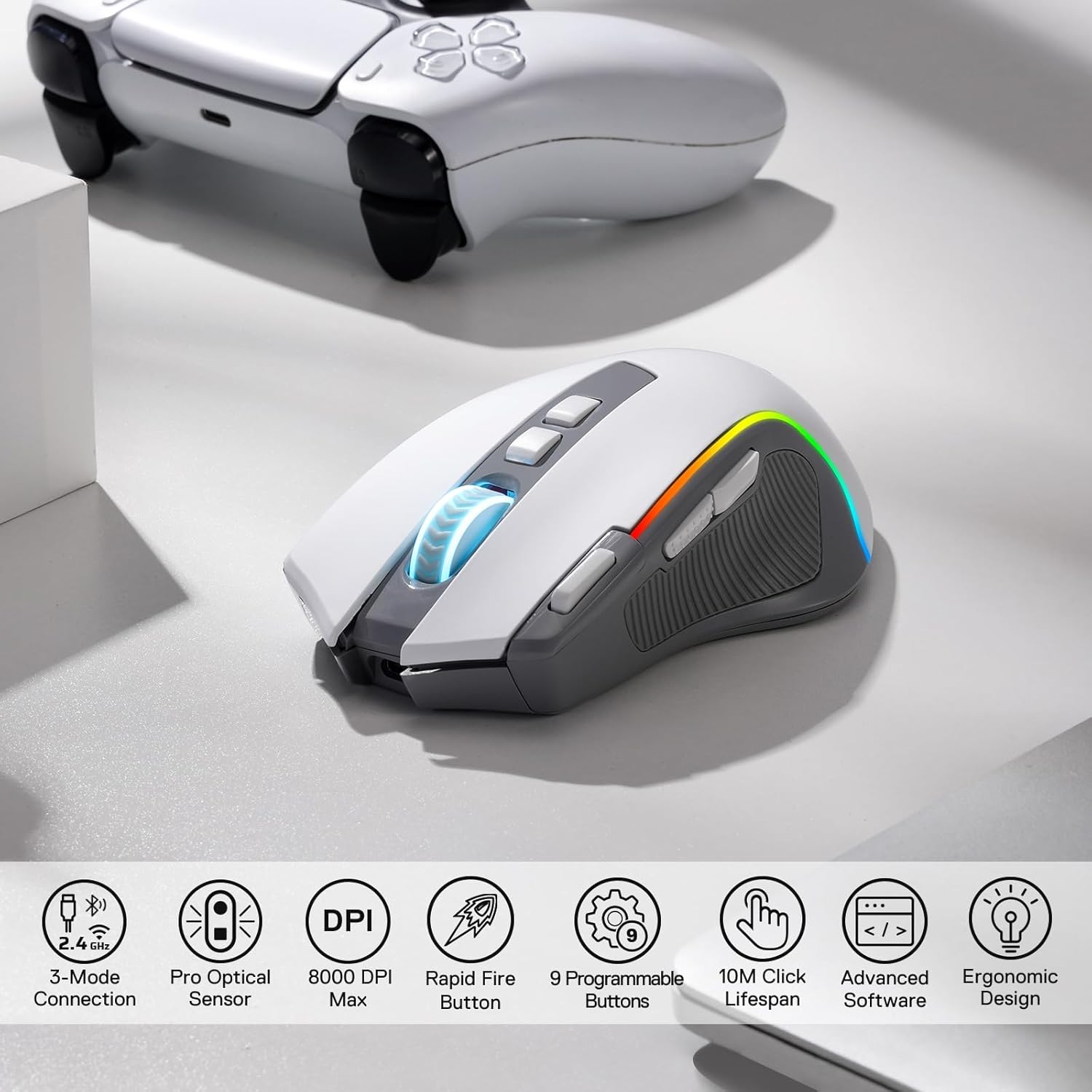 Redragon Predator Pro M612 PRO RGB Wireless Mouse (Grey and White)