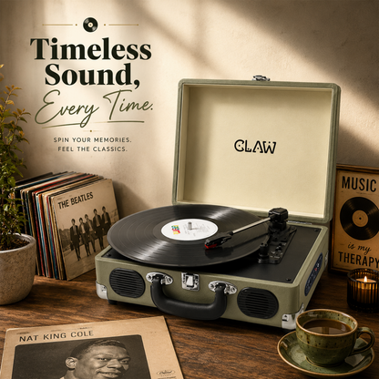 CLAW Stag Portable Pro - Bluetooth Turntable with Built-In Stereo Speaker (Celadon Cream)