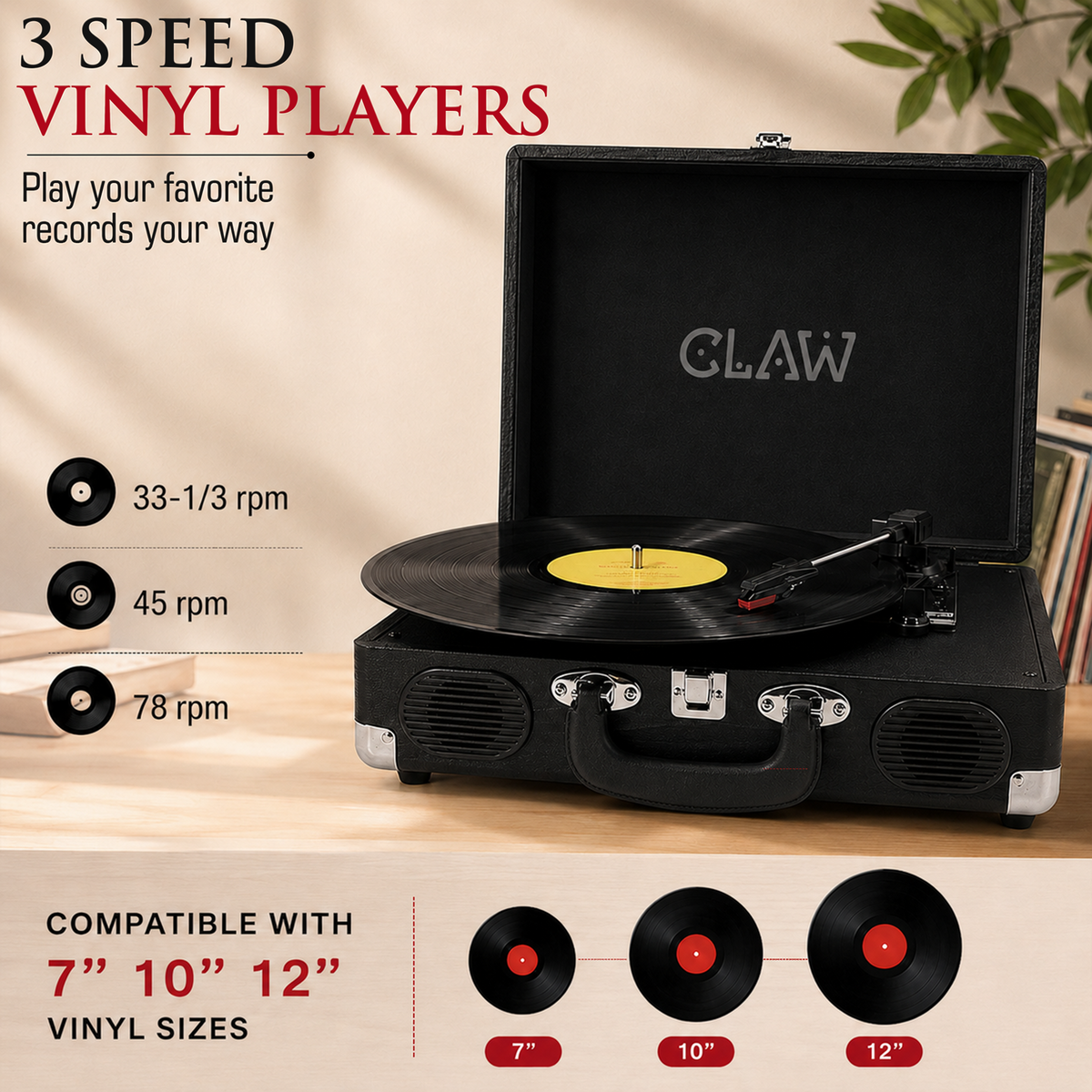 CLAW Stag Portable Pro - Bluetooth Turntable with Built-In Stereo Speaker (Black)