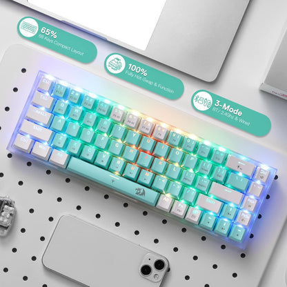 Redragon Castro Pro K631 Pro - 65% Bluetooth + 2.4 GHZ Wireless+ Wired Mechanical Keyboard White and Green (Custom Switch)