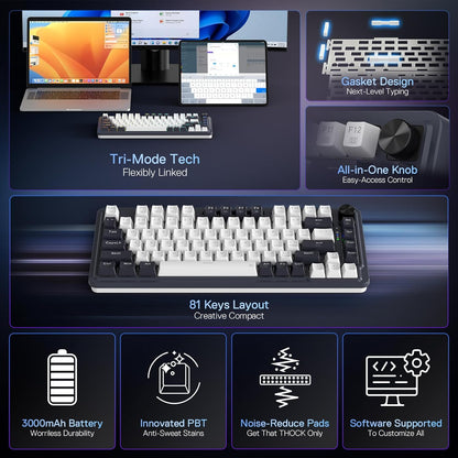 Redragon Ucal Pro K673 Pro - 75% Wired+2.4Ghz+Bluetooth Mechanical Keyboard White and Black (Linear Red Switch)