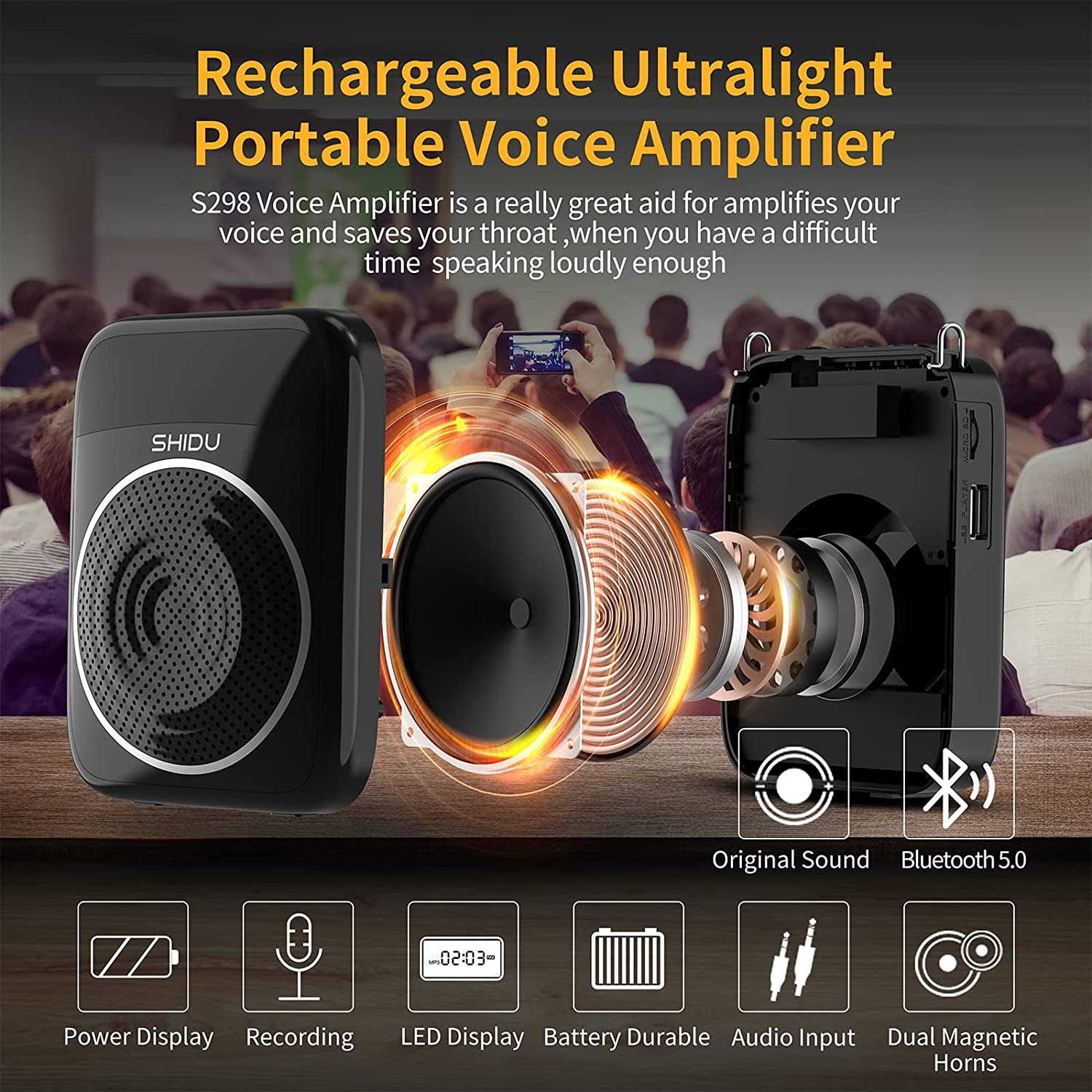 Shidu S298 - Wired Portable Voice Amplifier with LED Display and Speaker