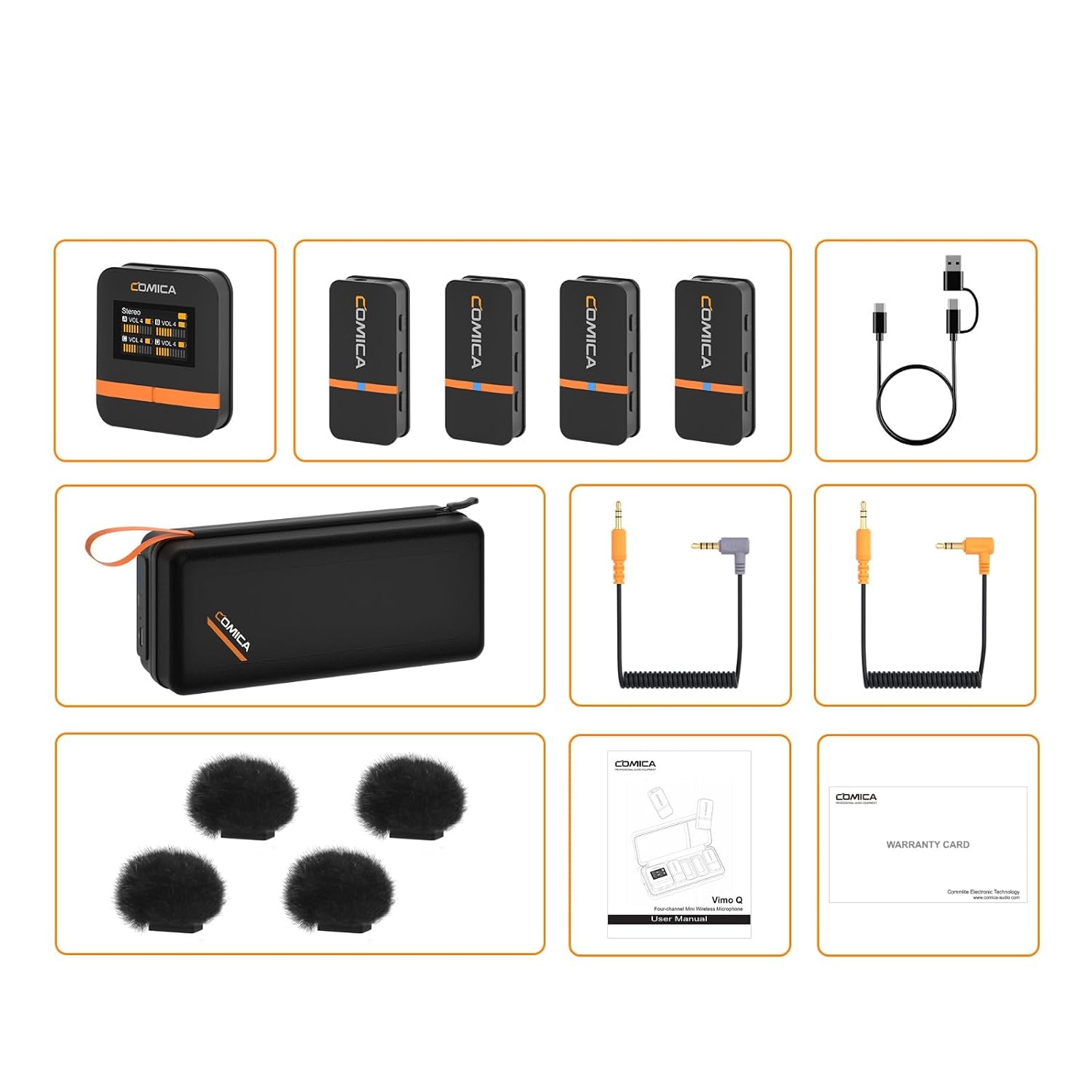 Comica Vimo Q - 4-Channel Mini Wireless Lavalier Microphone System with 4 Transmitters, 1 Receiver &amp; Charging Case for iPhone, Android, Cameras, Interviews, Vlogging &amp; YouTube