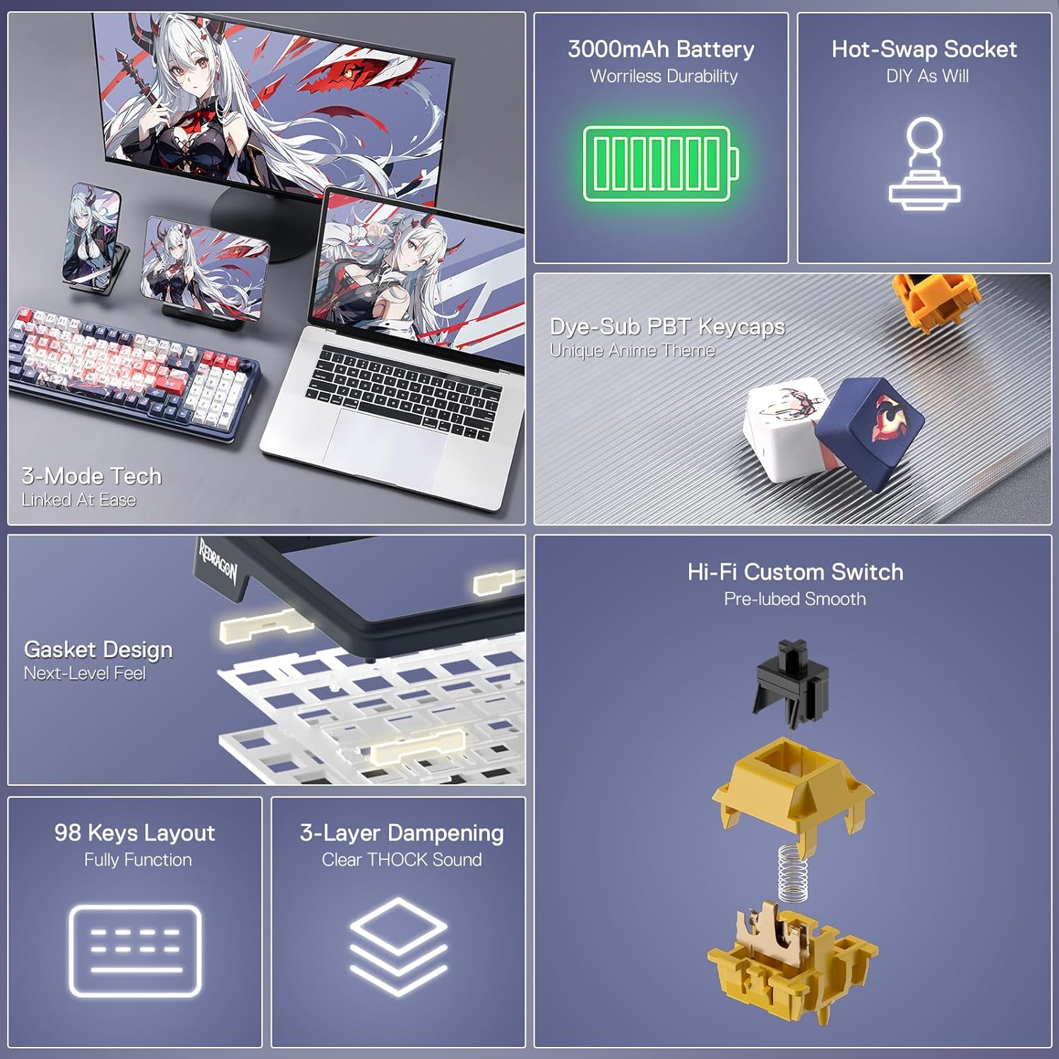 Redragon Eisa Pro K686 Pro - Wired+2.4Ghz+Bluetooth Mechanical Keyboard Anime Theme (Custom Hi-Fi Linear Switch)