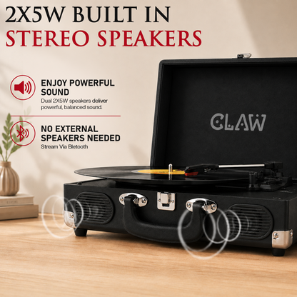 CLAW Stag Portable Pro - Bluetooth Turntable with Built-In Stereo Speaker (Black)