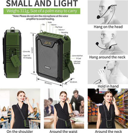 Shidu M808 - Wired Portable Voice Amplifier with LED Display and Speaker (GREEN)