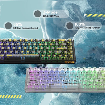 Redragon Castor Pro K631 PRO - 65% Bluetooth+2.4Ghz+Wired Mechanical Keyboard Black Transparent (Translucent Custom Switch)