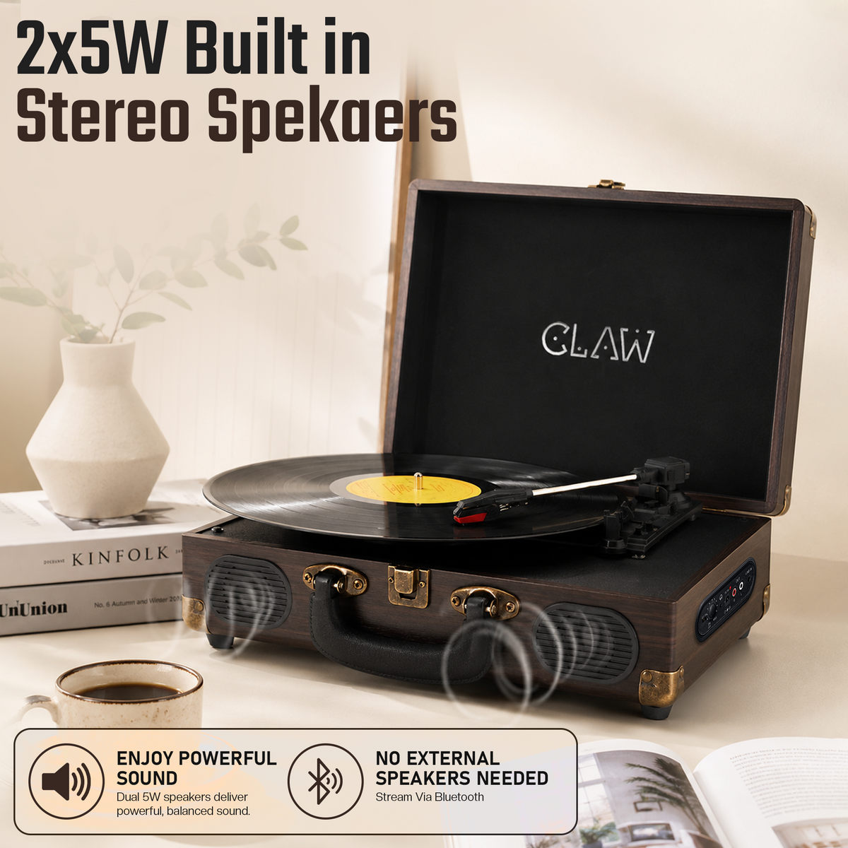 CLAW Stag Portable Pro - Bluetooth Turntable with Built-In Stereo Speaker (Brown Wood)
