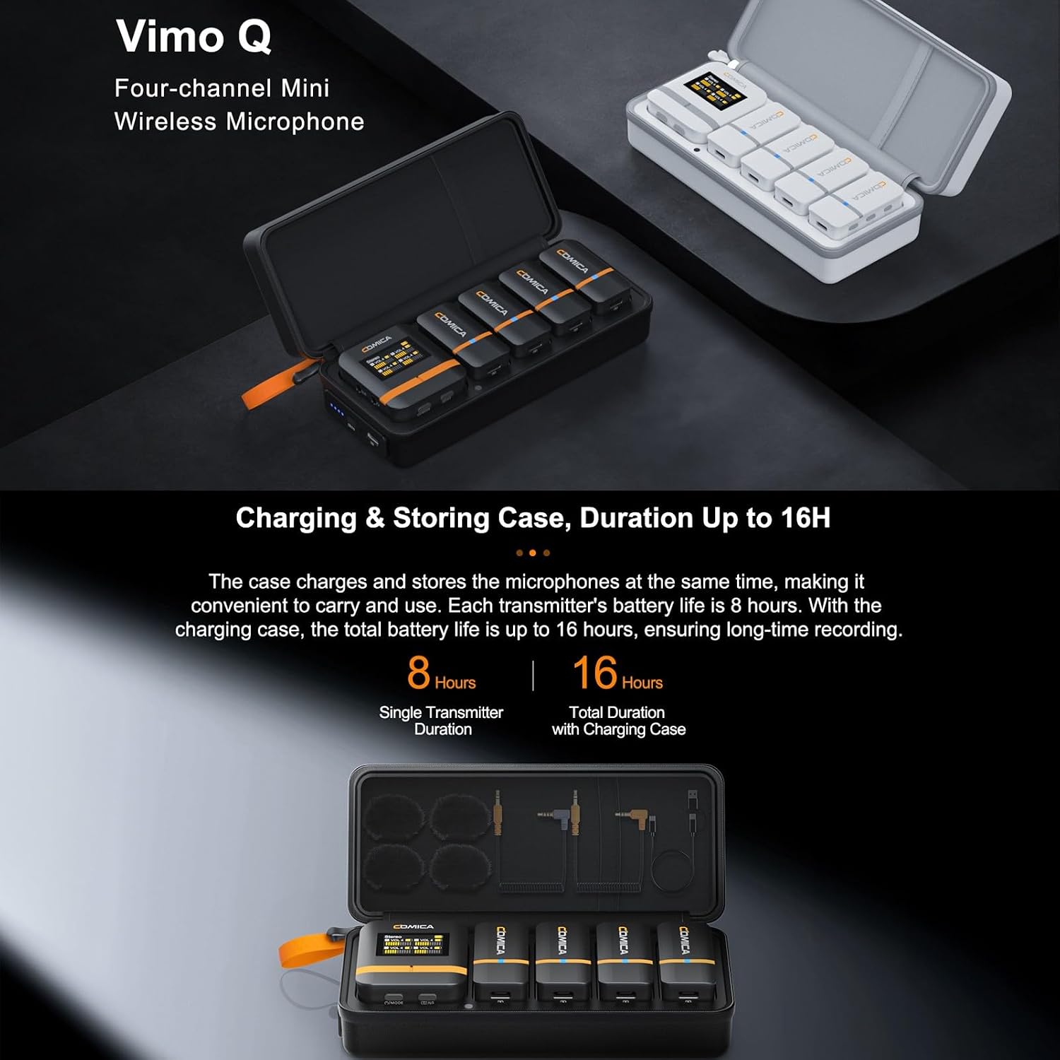 Comica Vimo Q - 4-Channel Mini Wireless Lavalier Microphone System with 4 Transmitters, 1 Receiver &amp; Charging Case for iPhone, Android, Cameras, Interviews, Vlogging &amp; YouTube