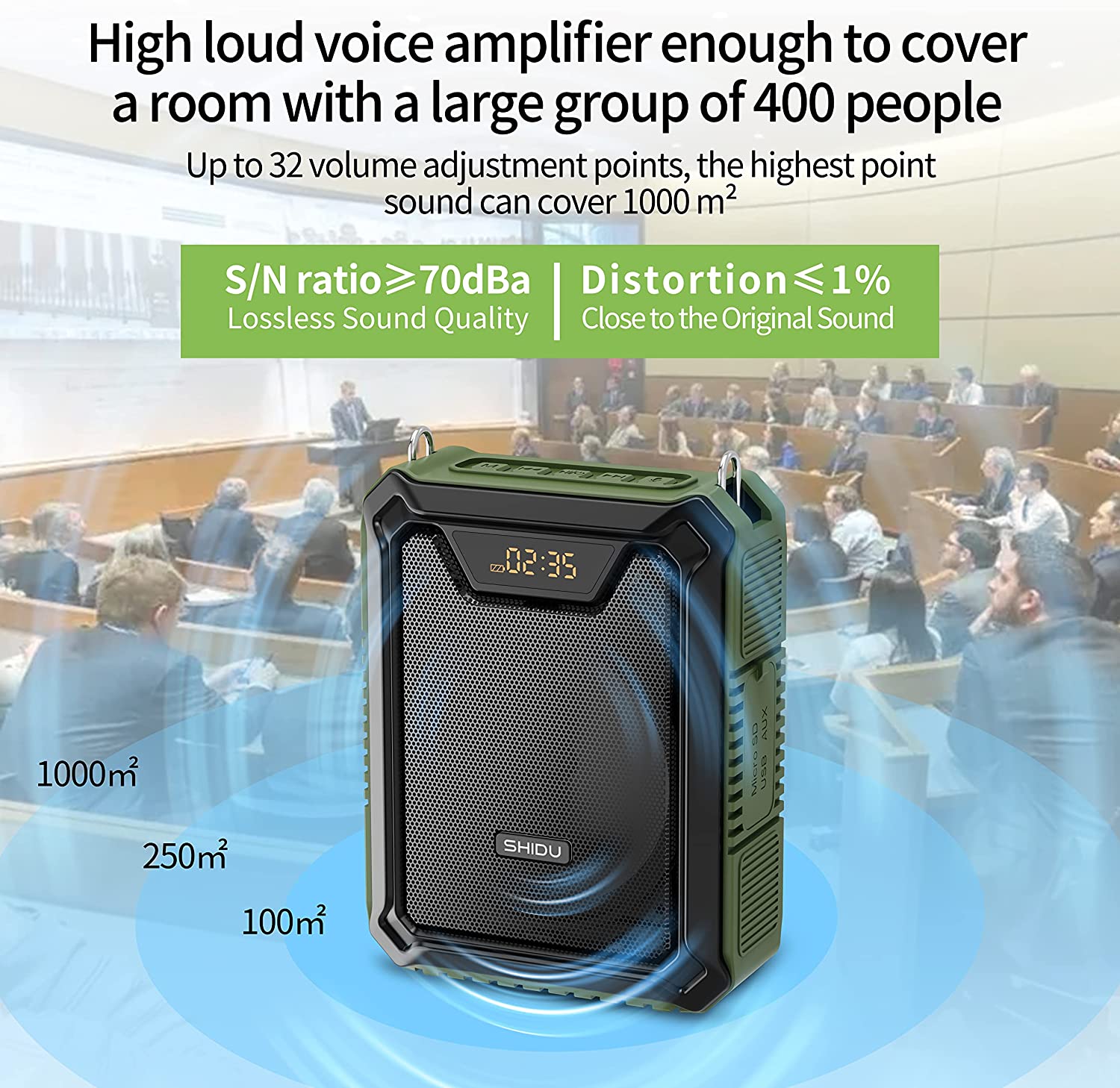 Shidu M808 - Wired Portable Voice Amplifier with LED Display and Speaker (GREEN)
