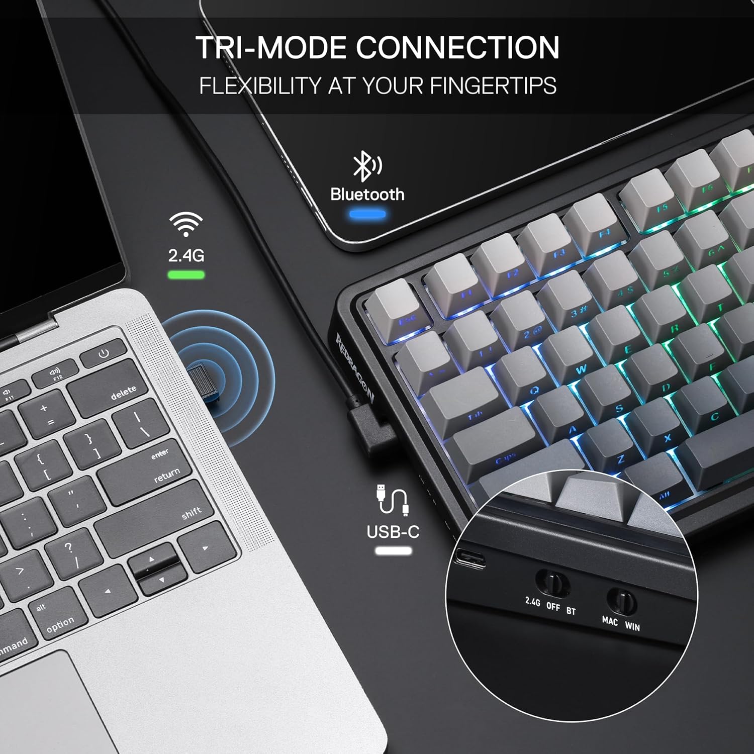 Redragon Eisa Pro K686 Pro - Wired+2.4Ghz+Bluetooth RGB Mechanical Keyboard| Concrete Jungle (Custom Switch)