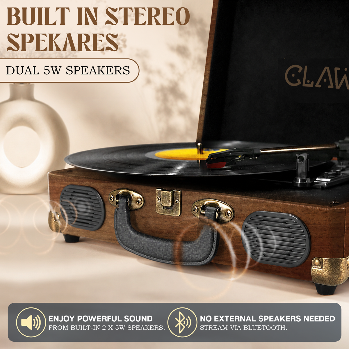 CLAW Stag Portable Pro - Bluetooth Turntable with Built-In Stereo Speaker (Red Wood)