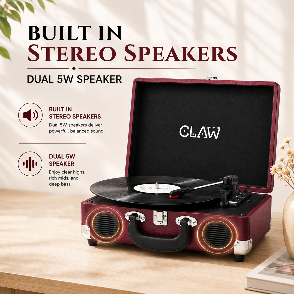 CLAW Stag Portable Pro - Bluetooth Turntable with Built-In Stereo Speaker (Wine Red)