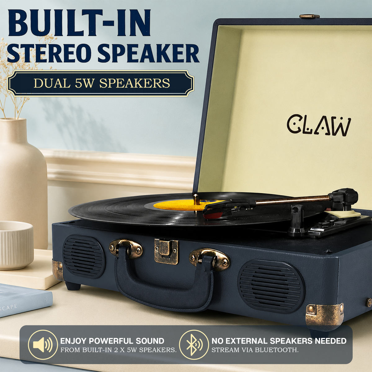 CLAW Stag Portable Pro - Bluetooth Turntable with Built-In Stereo Speaker (Dark Blue)