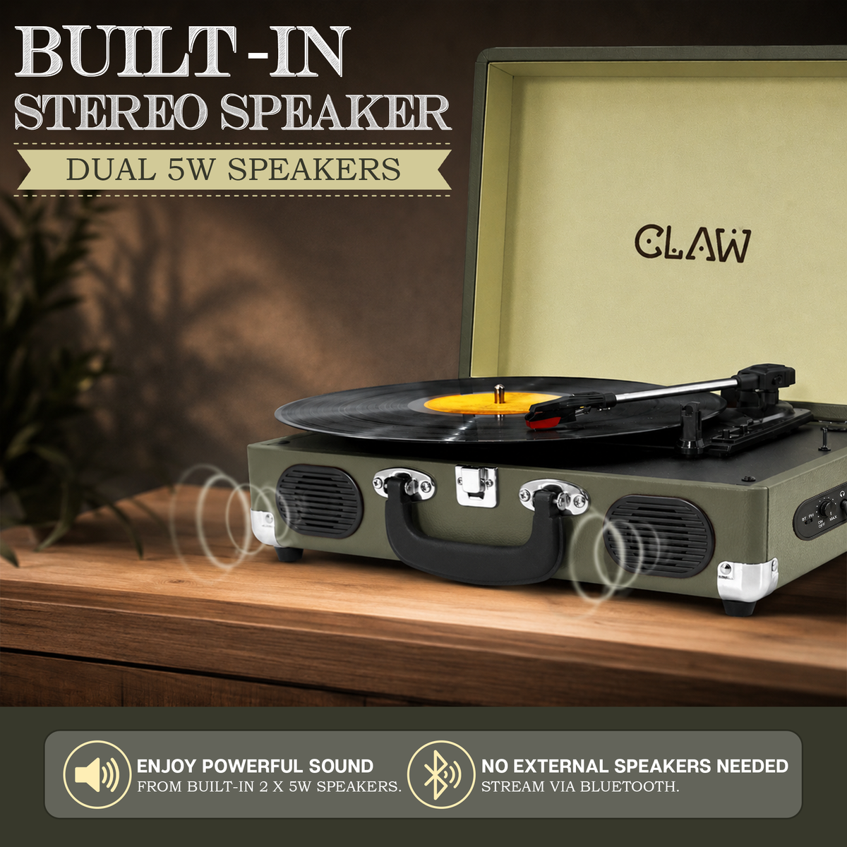 CLAW Stag Portable Pro - Bluetooth Turntable with Built-In Stereo Speaker (Celadon Cream)
