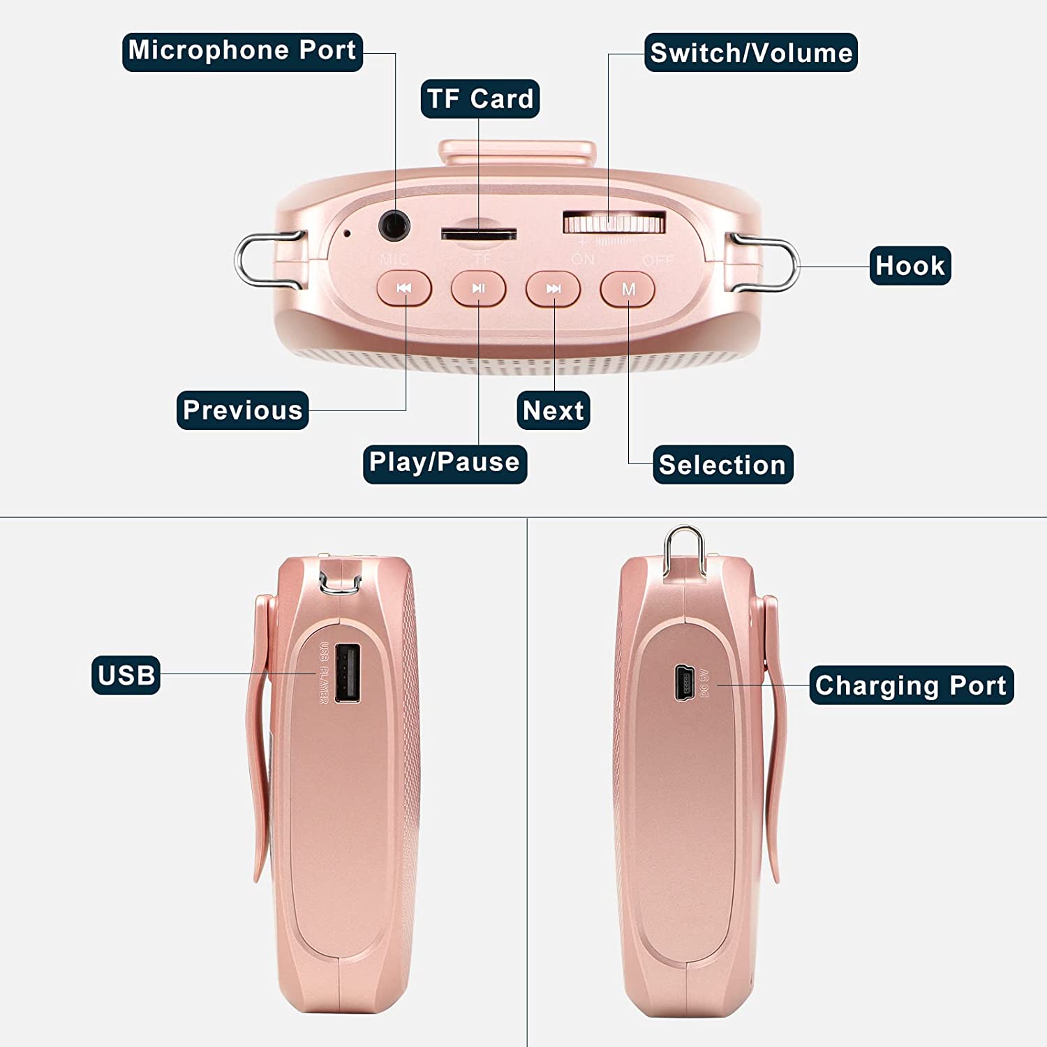 Shidu S258 - Wired Portable Voice Amplifier (Rose Gold)