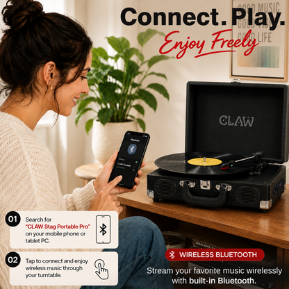 CLAW Stag Portable Pro - Bluetooth Turntable with Built-In Stereo Speaker (Black)