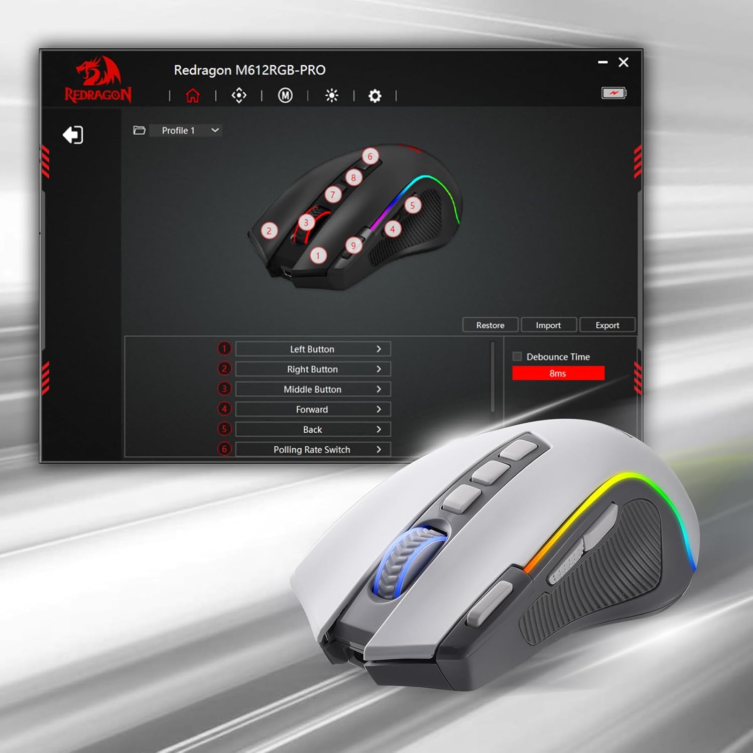 Redragon Predator Pro M612 PRO RGB Wireless Mouse (Grey and White)