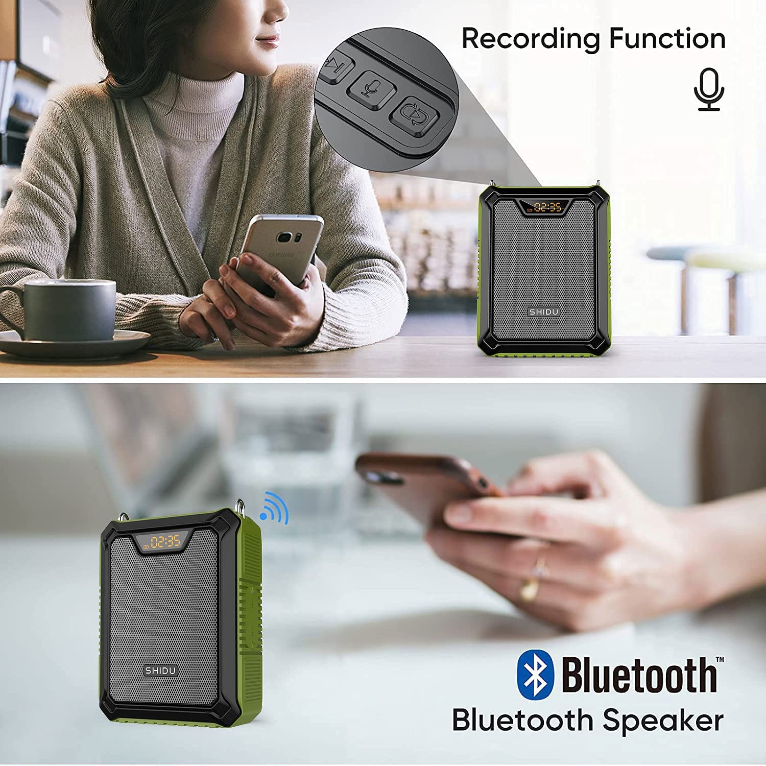 Shidu M808 - Wired Portable Voice Amplifier with LED Display and Speaker (GREEN)