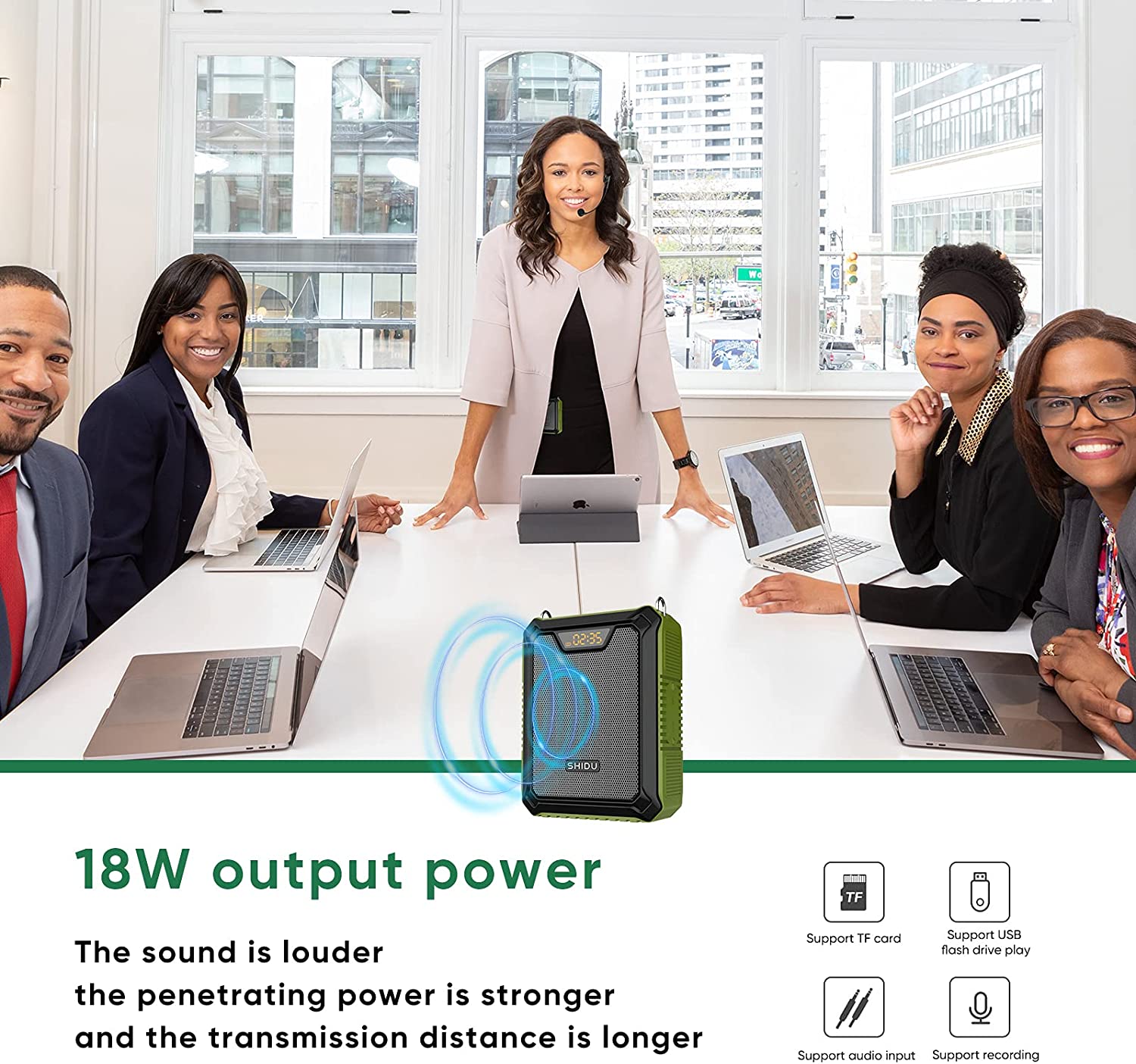 Shidu M808 - Wired Portable Voice Amplifier with LED Display and Speaker (GREEN)