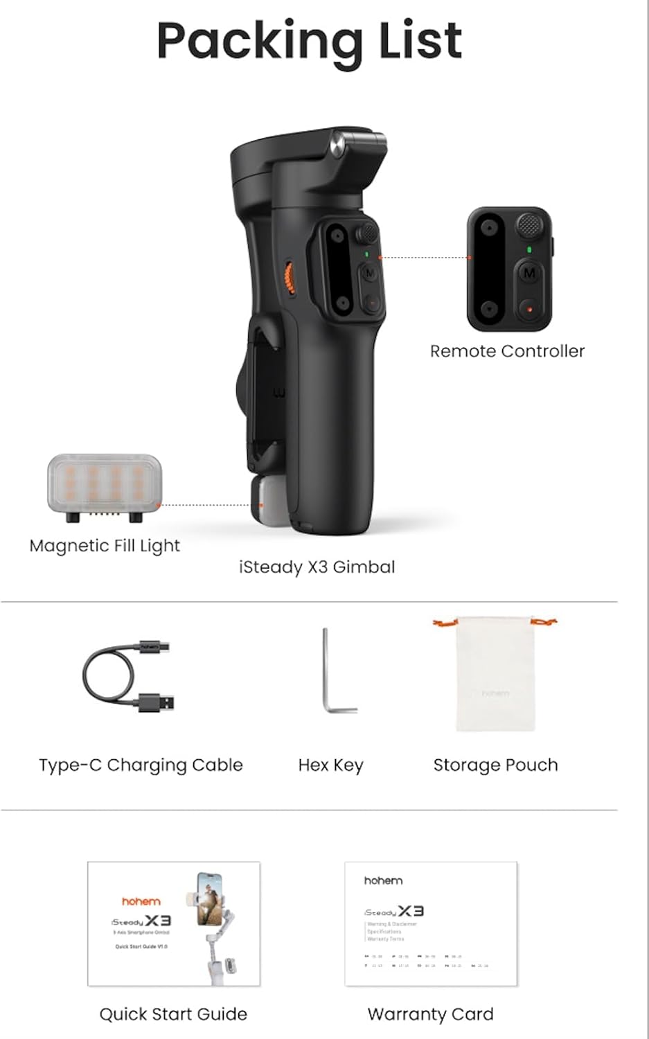 Hohem iSteady X3 - 3-Axis Mobile gimbal with Fill Light, Detachable Remote, AI Tracker and Built In Extension Tripod Stand (Black)