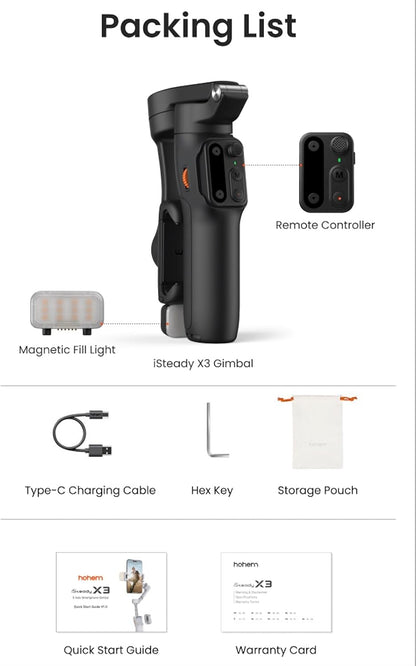 Hohem iSteady X3 - 3-Axis Mobile gimbal with Fill Light, Detachable Remote, AI Tracker and Built In Extension Tripod Stand (Black)