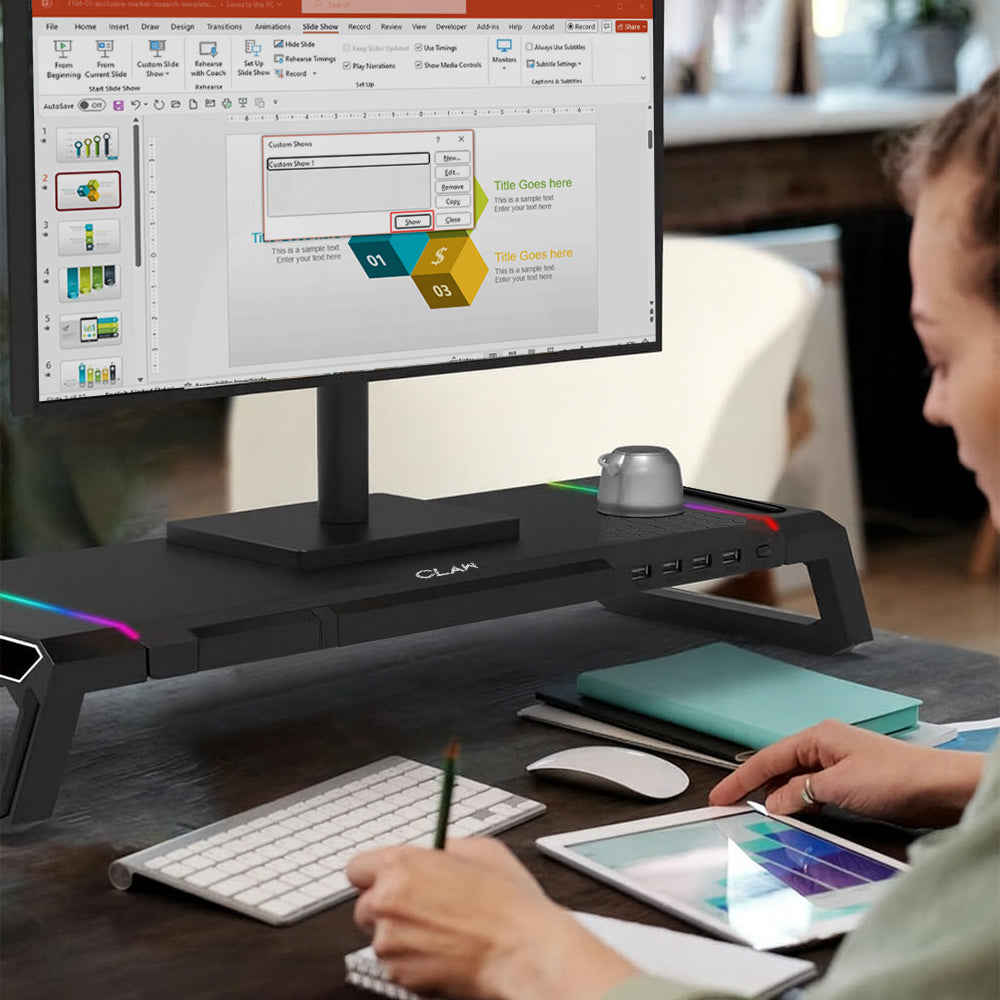 Claw Dock T6- Foldable Monitor/Laptop Stand with Hidden Phone Holder &amp; Drawer, USB 3.0 &amp; USB 2.0 Hub