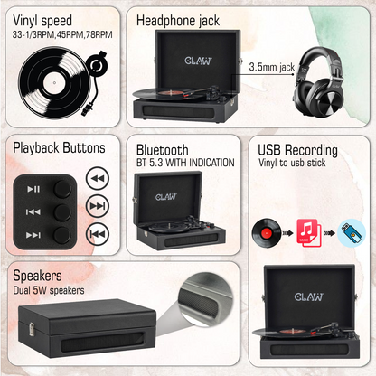 Claw Stag Retro - Bluetooth Turntable with Built-In Stereo Speaker, USB Recording and Play Buttons (Black)