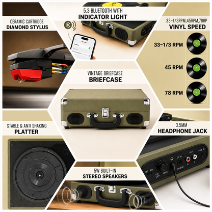 CLAW Stag Portable Pro - Bluetooth Turntable with Built-In Stereo Speaker (Celadon Cream)