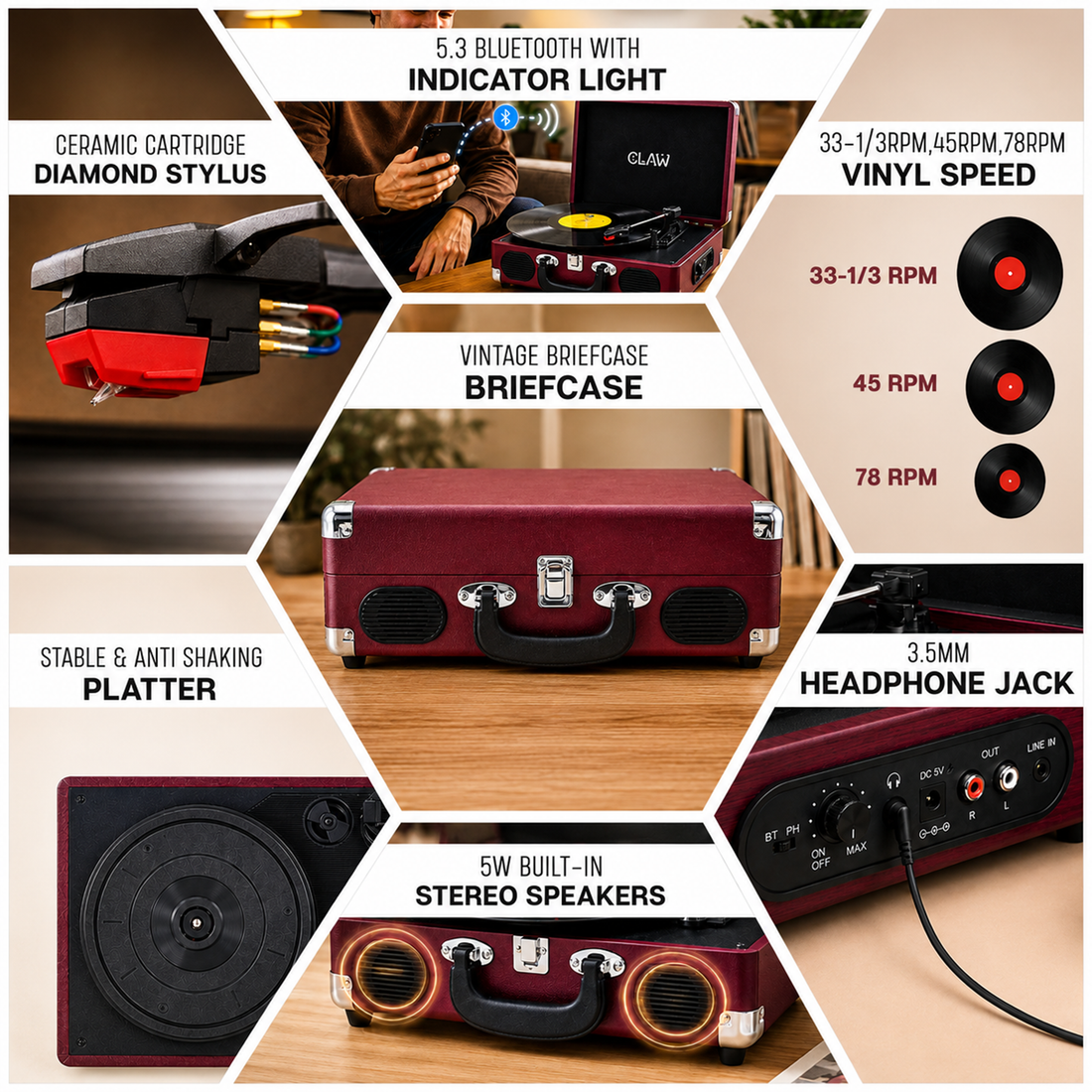 CLAW Stag Portable Pro - Bluetooth Turntable with Built-In Stereo Speaker (Wine Red)