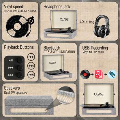 Claw Stag Retro - Bluetooth Turntable with Built-In Stereo Speaker, USB Recording and Play Buttons (Grey)