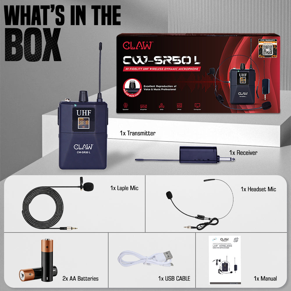 Claw CWSR50L - UHF Wireless Lavalier and Head Microphone with Bodypack Rechargeable Receiver